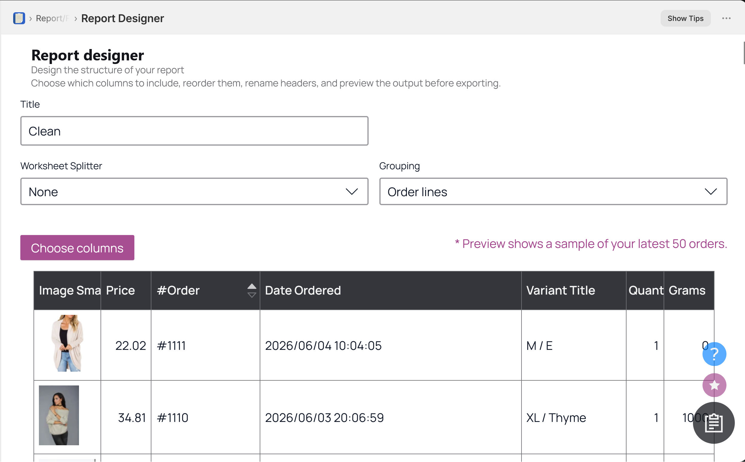 Report Designer — choose and arrange columns for your Shopify order export