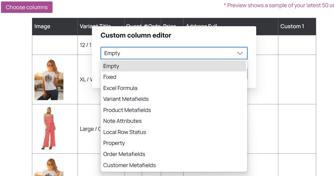 Export OrderPro Report Designer showing the custom column editor with category picker and Excel formula field