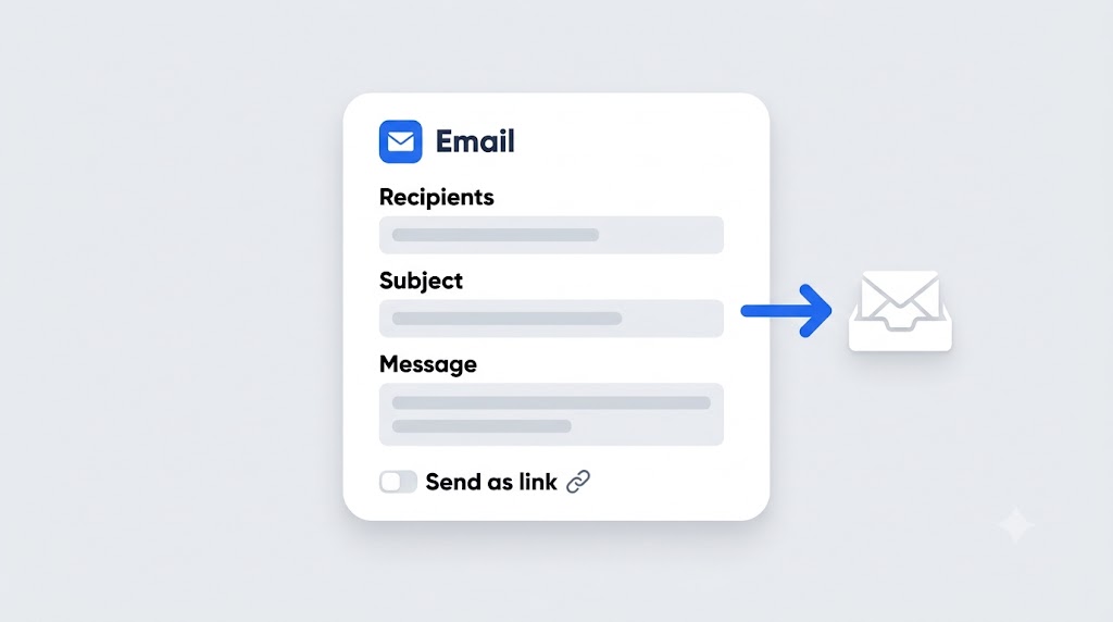 Export OrderPro automation editor showing the Email delivery destination with recipients, subject, and send-as-link options