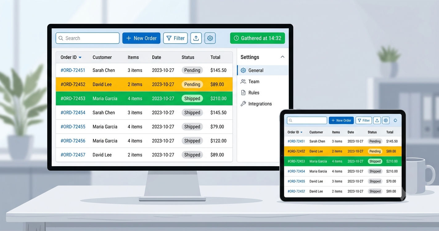 Export OrderPro Live Report showing real-time Shopify order data with toolbar and configuration panel
