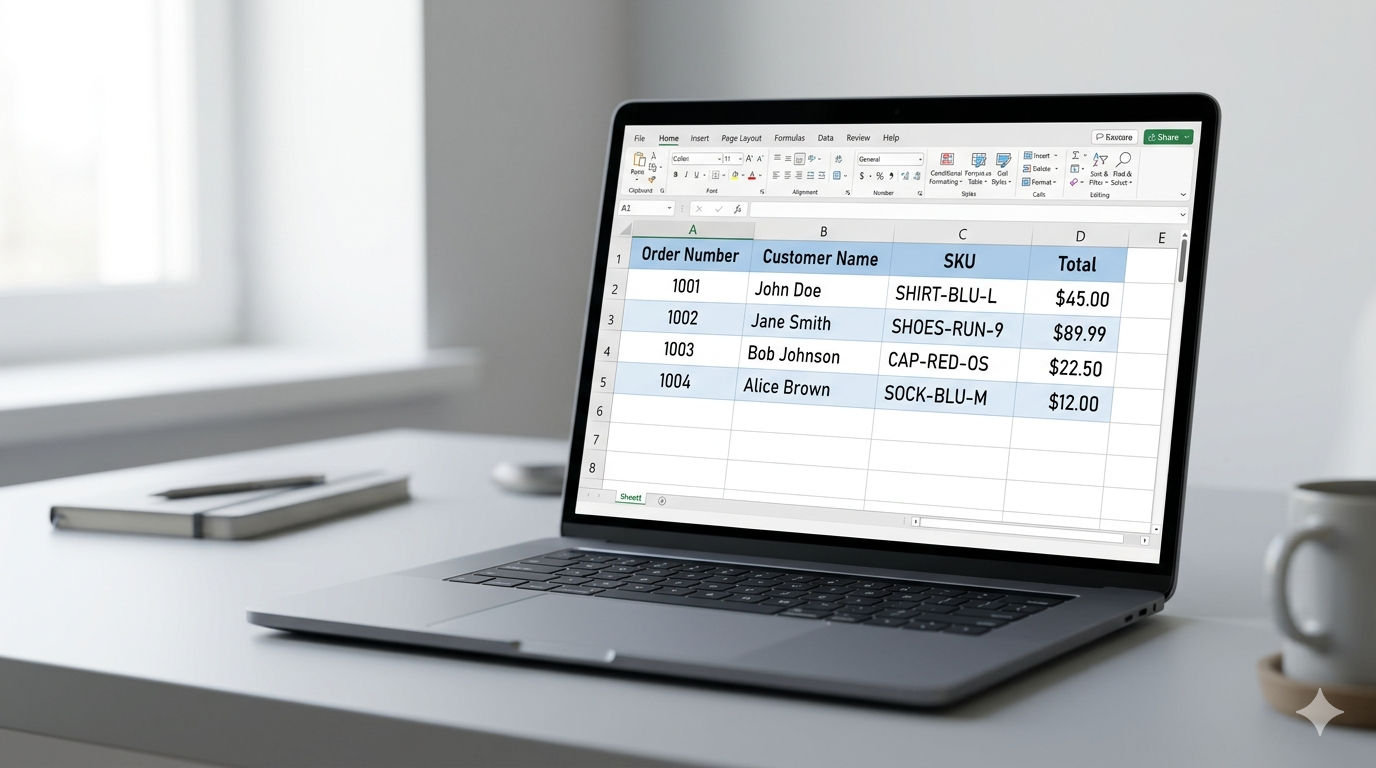 Shopify order data displayed in a formatted Excel spreadsheet with custom columns and totals row